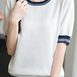 Ice silk color-blocked pullover knit top