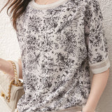 Ink wash printed drop shoulder spliced T-shirt