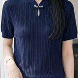 Elegant Commuter Frog Button Hollow-out Short Sleeve Knit Top