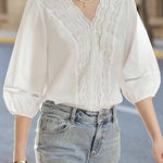 V-neck lace white shirt - liwisi