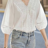V-neck lace white shirt - liwisi