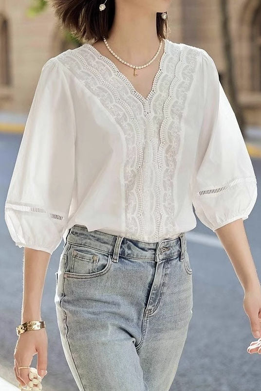 V-neck lace white shirt - liwisi
