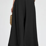 Decorative button elastic waist pleated wide-leg culottes
