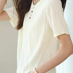 Textured round neck short sleeve T-shirt with decorative buttons - liwisi
