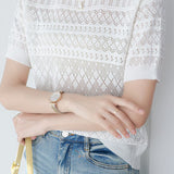 Round neck short sleeve hollow thin knit top