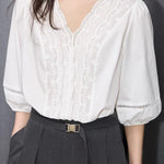 V-neck lace white shirt - liwisi