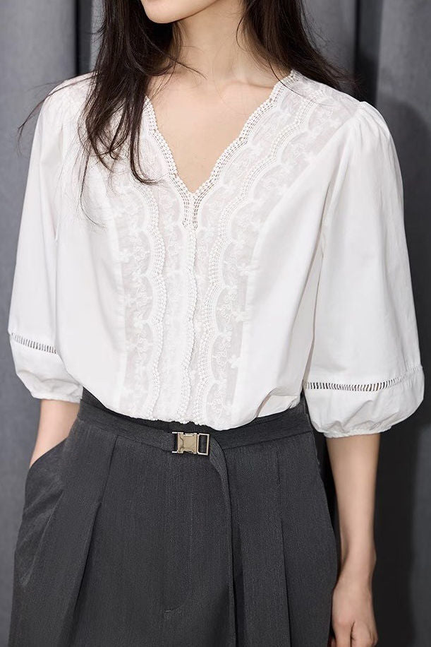 V-neck lace white shirt - liwisi