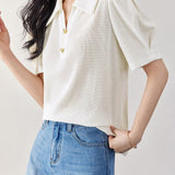 Minimalist waffle textured bubble short sleeve polo shirt - liwisi