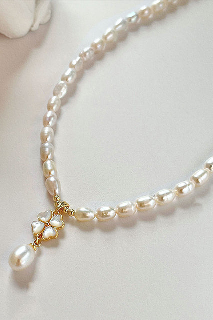 Natural freshwater pearl beaded four-leaf clover pendant necklace - liwisi