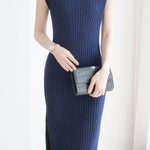 V-neck cap sleeve fitted dress with side slits in ribbed knit - liwisi
