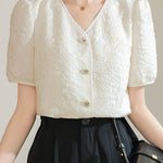 A-line bubble short sleeve button-up shirt - liwisi