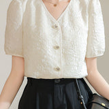 A-line bubble short sleeve button-up shirt - liwisi