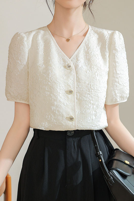 A-line bubble short sleeve button-up shirt - liwisi