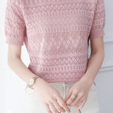 Round neck short sleeve hollow thin knit top