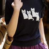 Cat pattern knit short sleeve T-shirt - liwisi