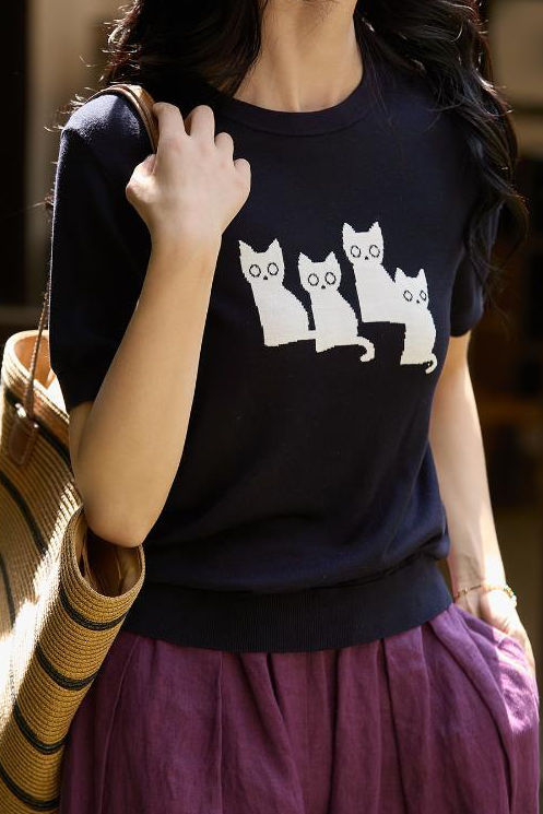 Cat pattern knit short sleeve T-shirt - liwisi