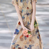 Lantern sleeve floral waist-defining A-line dress