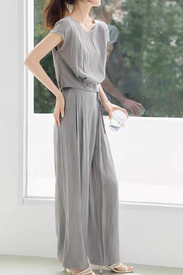 Casual flutter sleeve top with matching wide-leg pants set - liwisi
