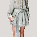 V-neck long sleeve shirt with tie and short skirt two-piece set - liwisi