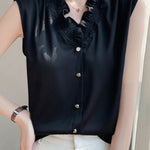 Ruffle-edged V-neck faux button sleeveless shirt - liwisi