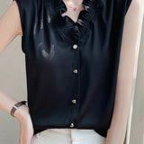 Ruffle-edged V-neck faux button sleeveless shirt - liwisi