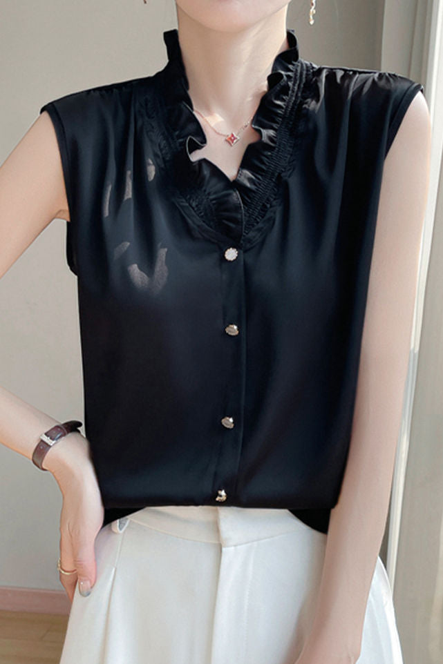 Ruffle-edged V-neck faux button sleeveless shirt - liwisi