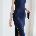 V-neck cap sleeve fitted dress with side slits in ribbed knit - liwisi