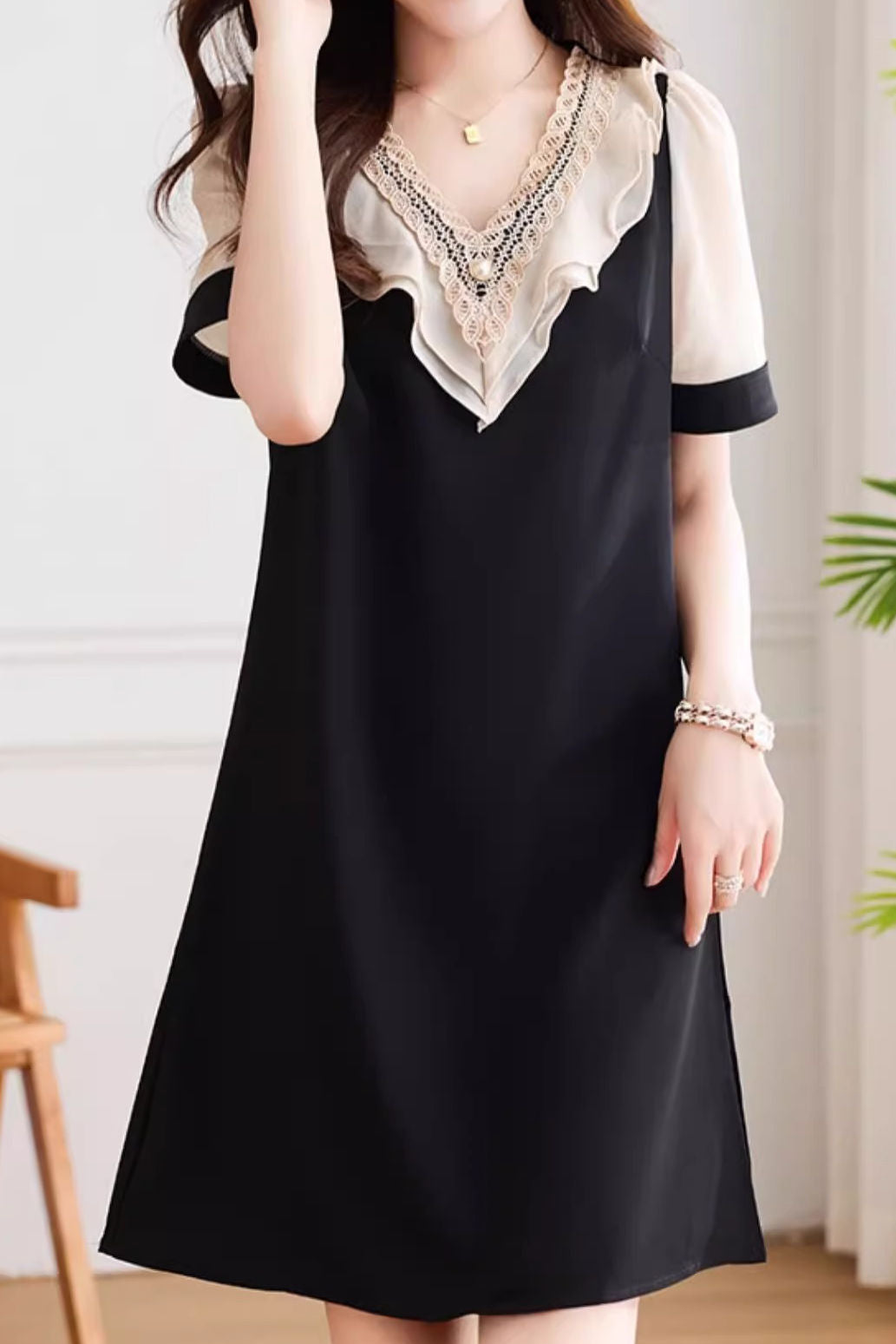 Elegant patchwork short sleeve dress - liwisi