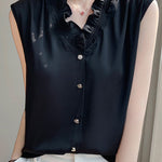 Ruffle-edged V-neck faux button sleeveless shirt - liwisi