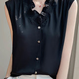 Ruffle-edged V-neck faux button sleeveless shirt - liwisi