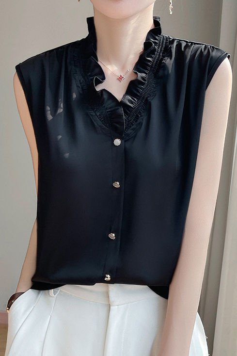 Ruffle-edged V-neck faux button sleeveless shirt - liwisi