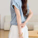 Casual Vintage Denim Lapel Raglan Drawstring Short-Sleeve Shirt