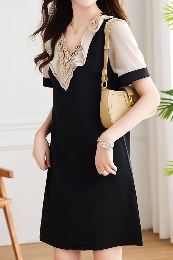 Elegant patchwork short sleeve dress - liwisi