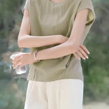 Round neck cap sleeve shirt with back slit