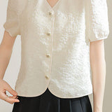 A-line bubble short sleeve button-up shirt - liwisi