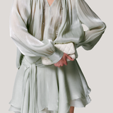 V-neck long sleeve shirt with tie and short skirt two-piece set - liwisi