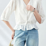 V-neck short sleeve embroidered cotton shirt
