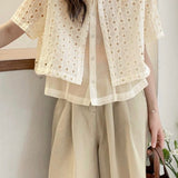 Faux two-piece spliced button-up short sleeve shirt