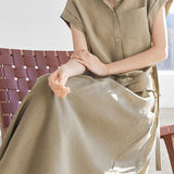 Linen button-up irregular design short sleeve shirt with A-line long skirt set