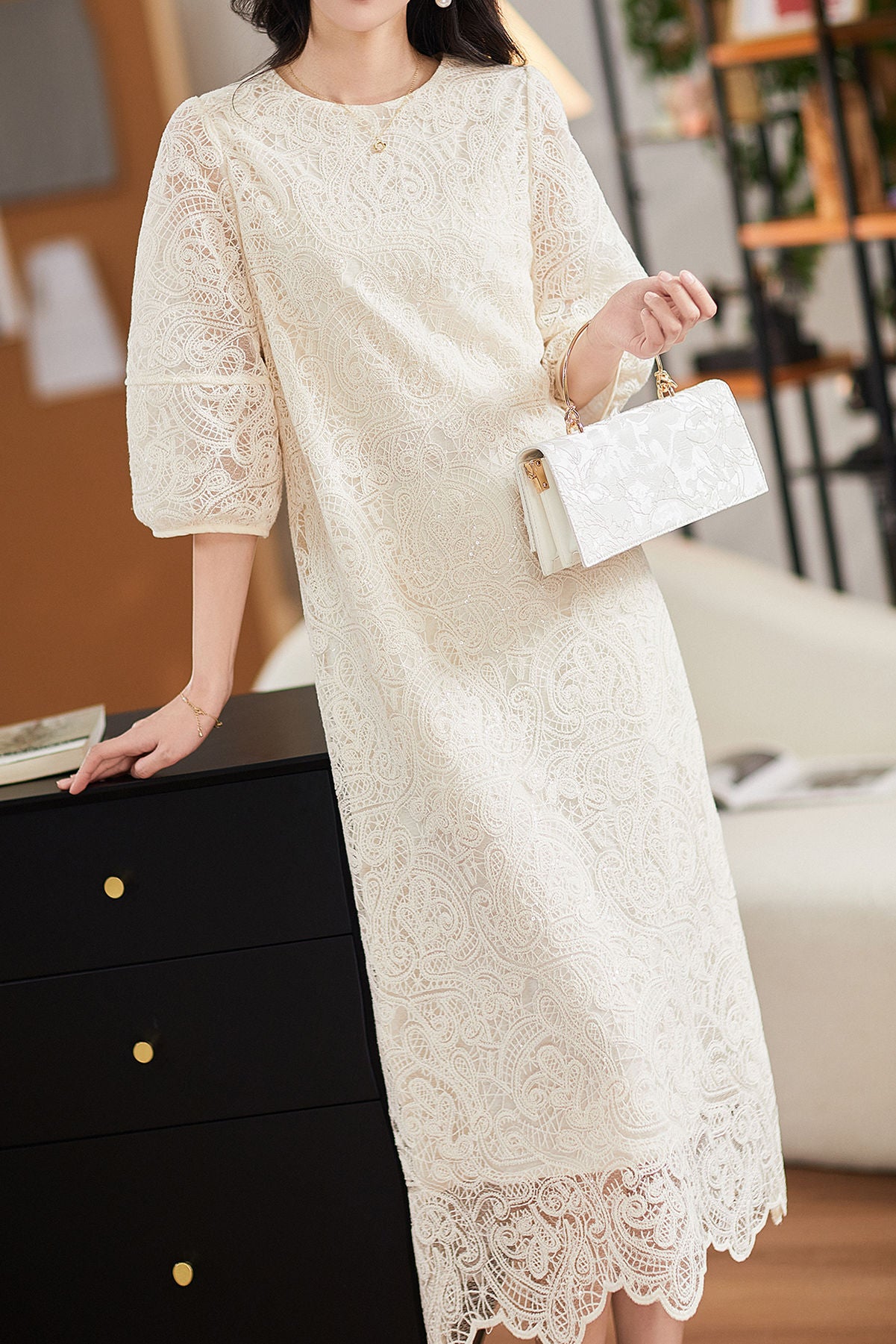 Hollow lace round neck loose casual mid-length sleeve dress Hollow lace round neck loose casual mid-length sleeve dress