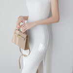 V-neck cap sleeve fitted dress with side slits in ribbed knit - liwisi