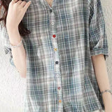 Round stand collar button-up short sleeve loose casual shirt with drawstring hem