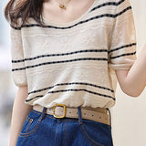 Lace round neck jacquard knitted T-shirt