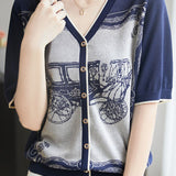 V-neck color block knit T-shirt