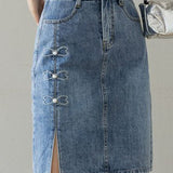 Embroidered beaded high-waisted slit denim skirt