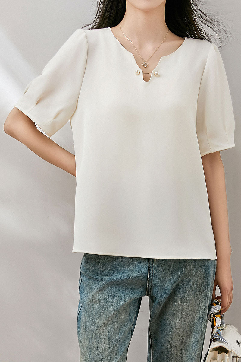 Solid color V-neck pearl shirt - liwisi