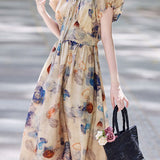 Lantern sleeve floral waist-defining A-line dress