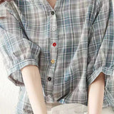 Round stand collar button-up short sleeve loose casual shirt with drawstring hem