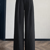 High-waisted shell weave pleated cotton-linen straight leg pants