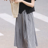 Side-slit short sleeve T-shirt with A-line plaid skirt set